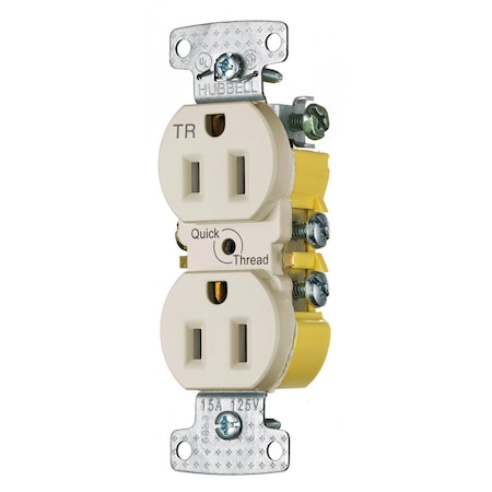 Hubbell Wiring Device-Kellems Straight Blade Receptacle, 5-15R, 15 A, 125V AC, 2 Pole, 3 Wire, Self-Grounded RR15QLATR
